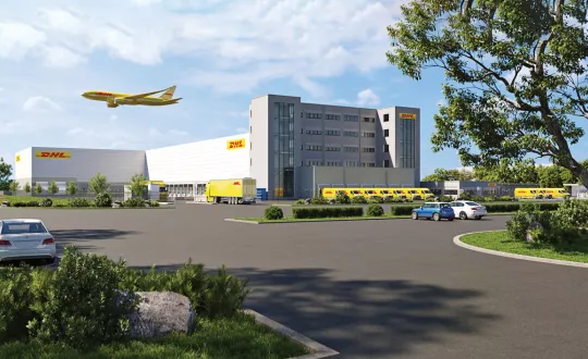 Ψηφιακή απεικόνιση του νέου κέντρου logistics της DHL στο αεροδρόμιο του Μονάχου.