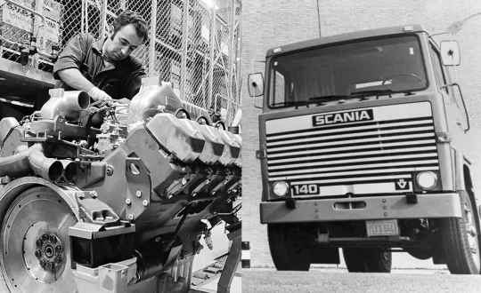 Μηχανικός της Scania συναρμολογεί τον V8 κινητήρα των 14 λίτρων, ο οποίος παρουσιάστηκε το 1969 έχοντας την απόδοση ρεκόρ των 350 ίππων ισχύος και των 1.245 Nm ροπής. Το Scania 140, το πρώτο που φόρεσε τον V8 κινητήρα.
