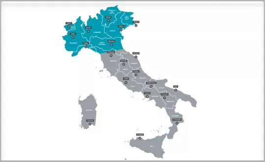 Ο χάρτης της Ιταλίας, όπου φαίνονται οι περιοχές του Βορρά της χώρας που βρίσκονται σε καραντίνα.