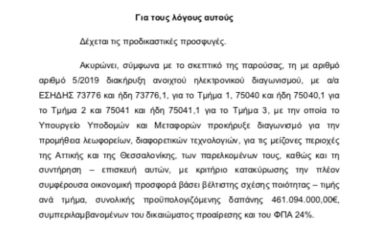 Απόσπασμα από την απόφαση της Αρχής Εξέτασης Προδικαστικών Προσφυγών, με την οποία ακυρώθηκε ο προηγούμενος διαγωνισμός που είχε προκηρύξει η κυβέρνηση ΣΥΡΙΖΑ.