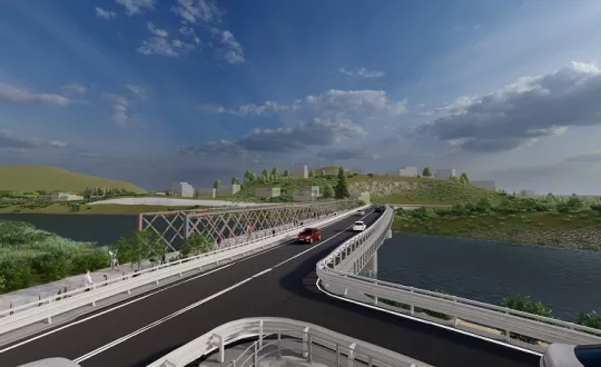 Η νέα γέφυρα, όπως θα είναι μετά την ολοκλήρωσή της. Αριστερά, η σημερινή που θα μετατραπεί σε πεζογέφυρα.