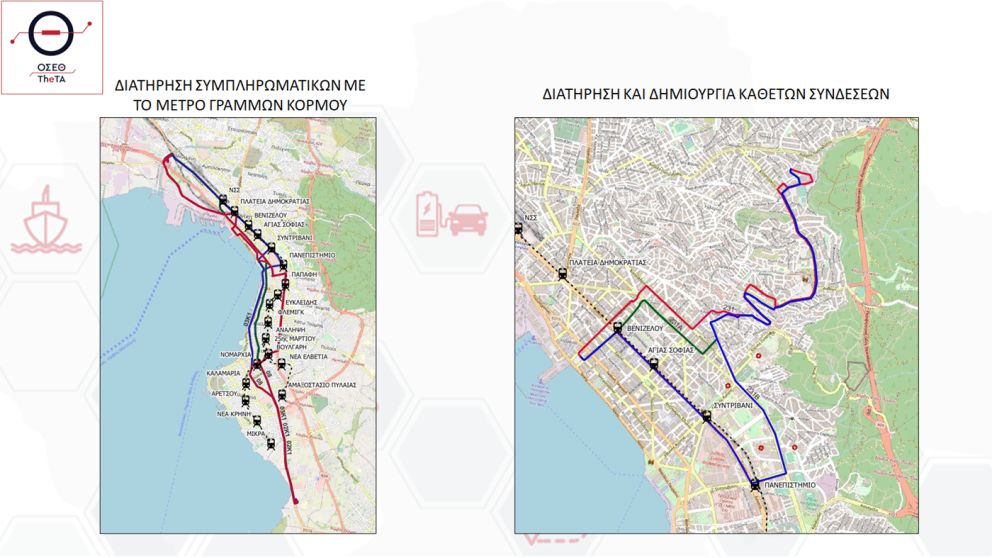 Ενδεικτικοί χάρτες διατήρησης λεωφορειακών γραμμών σε συνέργεια με τις γραμμές του Μετρό και δημιουργίας νέων κάθετων συνδέσεων. Φωτό: ΟΣΕΘ